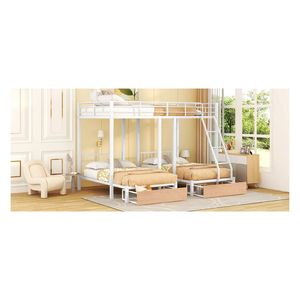 Letto a castello triplo in metallo bianco con cassetti e sponde di protezione, modello Overlook - Product Image 4
