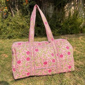 Handmade Quilted Cotton Duffle <b>Bag</b> <b>Large</b> Weekender Travel Block Printed Design Women's Overnight Hand High Quality Lightweight - Product Image 4