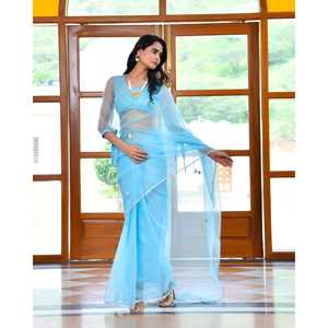 ผ้าคลุมไหล่ปักลายสีน้ำเงินวาฬ ผ้าออร์แกนซ่า ฟรีไซส์ สำหรับสวมกับส่าหรี - Product Image 5