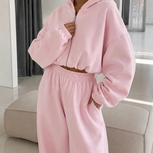 Women 2 Piece Tracksuit Set Hooded Zipper <b>Crop</b> <b>Top</b> Regular Sweatpants Full Length Solid Black Casual Winter 100% Cotton Quick - Product Image 5