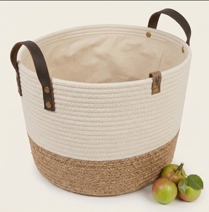 Modern Circle Cotton <b>Rope</b> Wicker <b>Storage</b> <b>Basket</b> Leather Handles Eco-Friendly Foldable Hanging Organizer for Bathroom Kitchen - Product Image 1