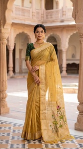 Sari en coton Muga jaune avec broderies florales pour femmes, tenue traditionnelle pour mariage et festivals, style indien - Product Image 3