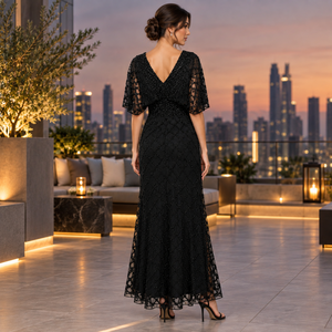 Robe de soirée élégante noire à col en V et perles |   Robe de soirée chic mi-longue à manches courtes, coupe trapèze, avec ourlet en dentelle transparente et design orné - Product Image 4