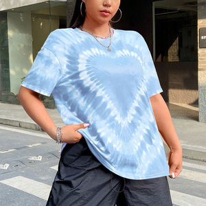 เสื้อยืดผู้หญิงลายมัดย้อม แขนสั้น คอกลม ทรงหลวม สไตล์ลำลอง สีน้ำเงินขาว ลายพิมพ์ ฤดูใบไม้ผลิ ฤดูร้อน ผ้าฝ้ายถัก ระบายอากาศได้ดี - Product Image 5