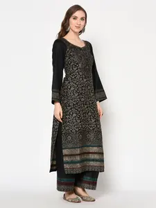 Tela de lana acro negra Safaa sin coser con estola a juego – Conjunto de traje étnico de invierno - Product Image 6