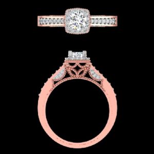 Elegante Anillo de Compromiso de Oro Rosa con Halo de Diamantes y Galería de Filigrana, con Acentos de Piedras Laterales Brillantes Engastadas en Pavé - Product Image 3