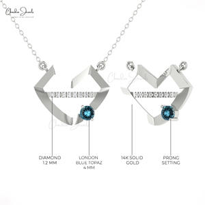 Collier de mariée en or massif 14 carats avec topaze bleue de Londres naturelle 0,24 carats, bijoux de mariage délicats en pierres précieuses et diamants en forme de cœur, vente en gros - Product Image 5