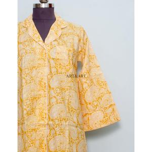 Vintage Floral BlockPrinted Cotton long shirt Dress Eco-Friendly Breathable Handmade Party Long Turn-down Collar Adjustable <b>Belt</b> - Product Image 2