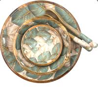 Ensemble de bols en bois de style classique avec motif de feuilles imprimé en émail pour les fêtes et les restaurants, vaisselle de service alimentaire pour la cuisine