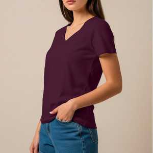T-shirt à manches courtes et col en V pour femme, couleur bordeaux, coupe régulière, tricoté, haut d'été - Product Image 3