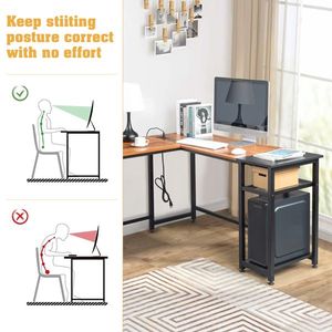 Scrivania per Computer a L in Legno di Tigre con Prese di Corrente e Ripiano - Product Image 6