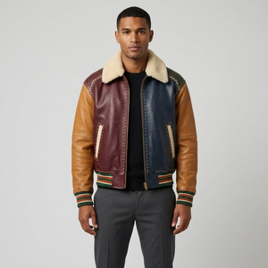 Men's Patchwork Leather <b>Bomber</b> <b>Jacket</b> With Faux Fur Collar And Badge Back Winter Windproof <b>Vintage</b> Style - Product Image 1