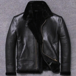 <b>Men's</b> Genuine Leather <b>Aviator</b> Bomber <b>Jacket</b> Faux Fur Lining Zip Front Stand Collar Winter Moto Biker Style Solid Windproof - Product Image 1