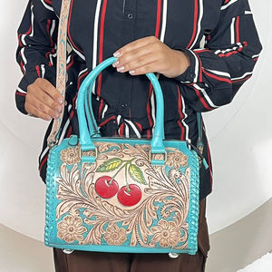 Sac bandoulière unisexe en cuir véritable de vachette, motif floral cerise, fait main, taille moyenne, style Speedy, à prix réduit - Product Image 4