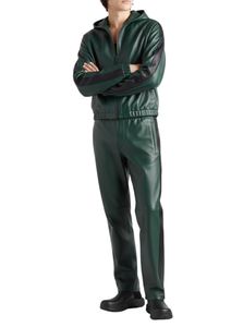 Designer Men's Forest Green Leather Co-Ord Set with Full-Zip Hoodie <b>Jacket</b> and Tailored Jogger Trousers - Product Image 3