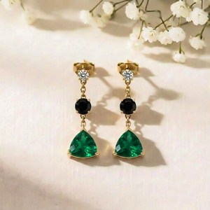 Natural Trillion Cut Emerald <b>Earrings</b> With Black Obsidian Drop CZ Accent <b>Stud</b> <b>Earrings</b> 925 Sterling <b>Silver</b> Elegant Minimalist - Product Image 2