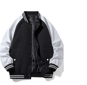 Chaqueta Varsity Negra y Blanca para Hombre, Corte Regular, Cuello Camisero, Cierre de Cremallera, Poliéster y Algodón, Ropa Casual de Otoño - Product Image 4