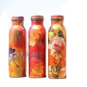 Botella de agua de cobre pintada con flores, botellas de agua de cobre puro impresas, baratas y personalizadas