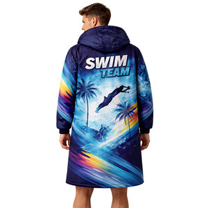 Parka de Natación de Alto Rendimiento con Forro Polar Cálido, Exterior Impermeable, Diseño Abstracto Azul, con Capucha y Corte Largo - Product Image 5