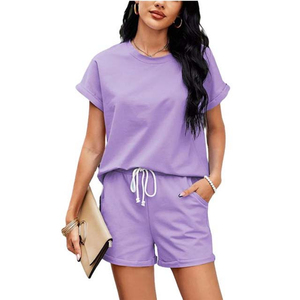 Conjunto de 2 Piezas para Mujer, Cuello Redondo, Manga Corta, Color Sólido, Tejido de Punto, Transpirable, Corte Holgado, con Bolsillo, Primavera Verano, Casual - Product Image 1