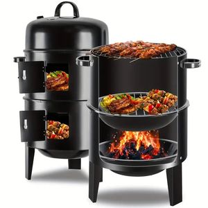 Griglia per fumatore a carbone verticale portatile a 3 livelli da 16 \ "facile controllo della temperatura per feste in campeggio in giardino - Product Image 3