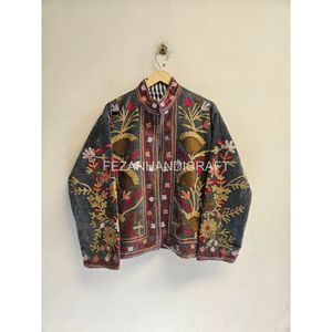 Chaqueta de Algodón Bordada para Mujer, Cuello Mandarín, Estampado Floral, Hecha a Mano, para Otoño, Manga Larga, Largo Regular - Product Image 1