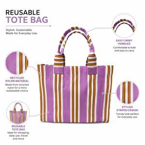 Bolso Tote de Nylon Reciclado Ellora con Diseño a Rayas, Bolso de Compras Reutilizable con Cierre de Hebilla y Asas para Llevar en la Mano o al Hombro - Product Image 6