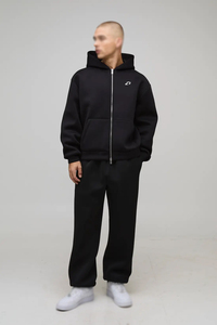 Sweat à capuche noir pour homme, en molleton de coton, coupe oversize, fermeture éclair intégrale, poche kangourou, couleur unie, style urbain, personnalisable avec logo, fabricant - Product Image 4