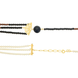 Women's Faux Pearl Beaded Necklace With Black Onyx And Gold Plated Fan Pendant Classic Layered Design For Everyday Wear - Product Image 2