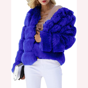 Chaqueta de Piel Sintética Azul para Mujer, Gruesa, Corta, con Cuello Redondo, Diseño Sólido y Ecológico, Estilo Patchwork - Product Image 6
