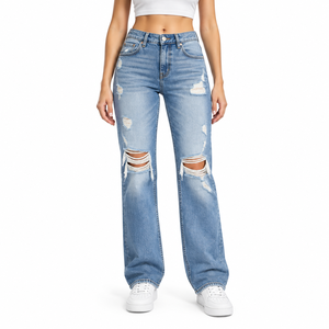 Jeans en denim pour femmes avec logo personnalisé, style chic Y2K, streetwear, coupe large, déchirés, taille haute, effet usé, pantalon en denim pour femmes - Product Image 1