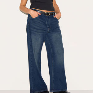Jean en denim taille haute à jambe large pour femme, délavage foncé, en coton, longueur intégrale, décontracté, pour l'automne - Product Image 1