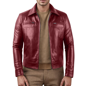 Dernière Veste en Cuir Véritable Rouge de Qualité Supérieure, Design Personnalisé, Style Streetwear, Col Carré, pour Homme - Product Image 1
