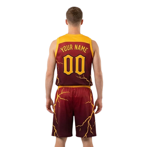 Ensemble d'uniformes de basketball personnalisés pour hommes, 100 % polyester, écologique, respirant, motif éclair, col en V, sans manches, maillot et short - Product Image 2
