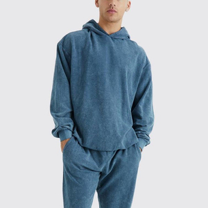 <b>Men's</b> Blue Corduroy Hooded Tracksuit Set Full Sleeve <b>Pullover</b> Sweatshirt with Side Pockets Loose Fit Casual Wear Autumn Style - Product Image 6