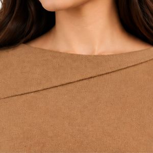Suéter de Punto Color Caramelo para Mujer, Cuello Asimétrico, Detalle de Botón Dorado en el Hombro, Manga Larga, Elegante, Informal, Jersey de Invierno - Product Image 5
