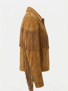 Unisex Faux Suede <b>Fringe</b> Winter Solid Zipper Closure Western Cowgirl Style Turn-Down Collar Outerwear OEM Service - Product Image 2