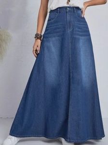 Jupe en jean plissée taille haute pour femme, coupe trapèze, longueur midi, délavée, unie, style streetwear décontracté - Product Image 2