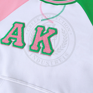 เสื้อสเวตเชิ้ตผู้หญิงสีชมพูเขียว แบรนด์ Sorority Alpha White ผ้าฝ้ายถักลายนูน คอกลม ยูนิเซ็กซ์ พรีเมียม ปักลายตัวอักษรกรีก - Product Image 5