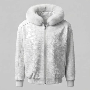 Veste matelassée à capuche pour homme en PU blanc effet croco avec doublure en fourrure, coupe-vent, manteau d'hiver décontracté, coupe régulière, fermeture éclair sur le devant - Product Image 6