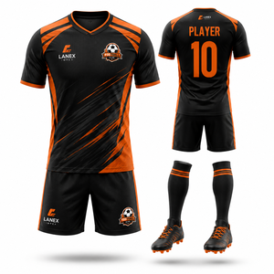 Custom Sublimated Soccer Football Uniform Set with Jersey Shorts and <b>Socks</b> Black Orange V Neck Team Sportswear with Player Name - Product Image 5