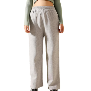 Pantalon de survêtement gris pour femme, coupe large, taille élastique, taille haute, décontracté, ample, longueur intégrale, couleur unie, en coton tricoté, automne - Product Image 1