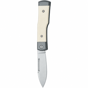 Navajas plegables de bolsillo con mango blanco marfil, hoja con punta de lanza plateada, ranura para clavos y refuerzos metálicos grises para tareas de utilidad - Product Image 2