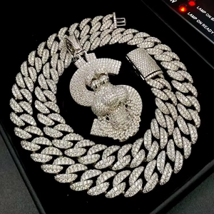 สร้อยคอแบบ Cuban Link สไตล์ไมอามี ประดับจี้รูปเครื่องหมายดอลลาร์ เงินแท้ 925 ชุบทอง 18K ประดับเพชรโมอิสซาไนต์ สไตล์ฮิปฮอป สำหรับทุกเพศ พร้อมใบรับรอง Claw - Product Image 1