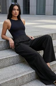 Pantalon palazzo ample pour femme, coupe décontractée, taille élastique, doux, décontracté, pour tous les jours, avec poches latérales, noir - Product Image 6