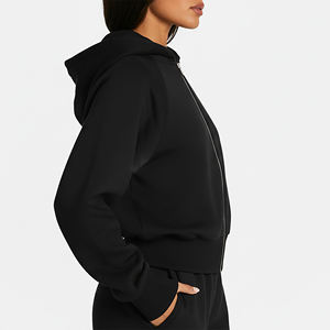 Sudadera con Capucha Negra de Alta Calidad para Mujer, con Cierre, Manga Larga, Tejida en Algodón, Informal, para Otoño, con Bolsillos, Color Sólido - Product Image 3