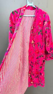 Bata de terciopelo con estampado floral rosa para mujer, bata de baño de manga larga, tejido suave, ropa de dormir informal, estilo primavera - Product Image 4
