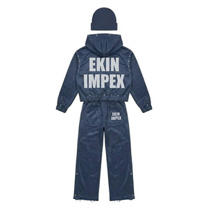 EKIN IMPEX Conjunto Premium Vintage Lavado Azul Marino de 3 Piezas con Tachuelas: Sudadera con Capucha Corta de Corte Holgado con Cremallera Completa y Pantalones Deportivos de Pierna Ancha con Botones a Presión y Detalles Desgarrables - Product Image 4