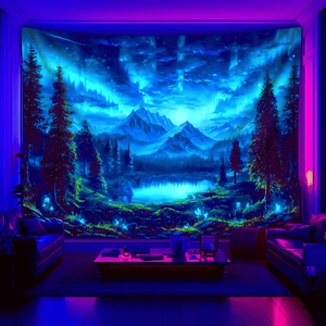 Arazzo Fluorescente di Grandi Dimensioni con Stampa di Montagna Stellata, Foresta e Lago, Design che si Illumina alle Luci Fluorescenti, Perfetto per l'Arredamento Domestico - Product Image 2