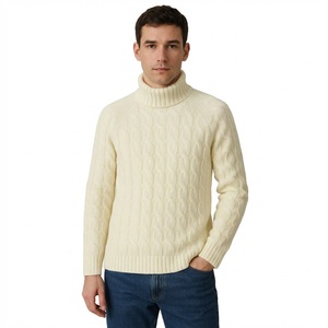 Pull col roulé épais en maille torsadée pour homme, couleur crème, pull chaud d'hiver, tricot thermique, coupe ajustée décontractée - Product Image 1